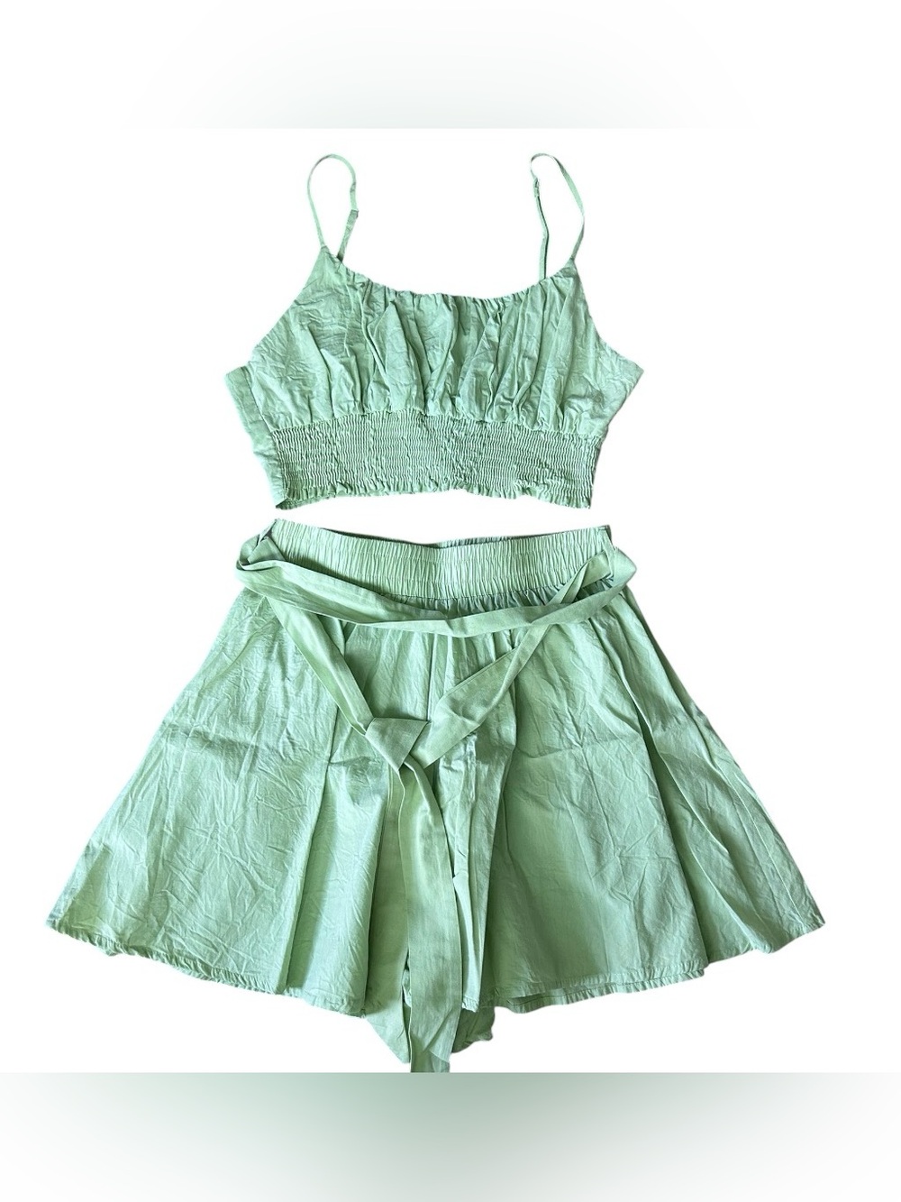 Nickilam Smocked Crop Top & High-Waist Skort Set in Mint Green Size Small